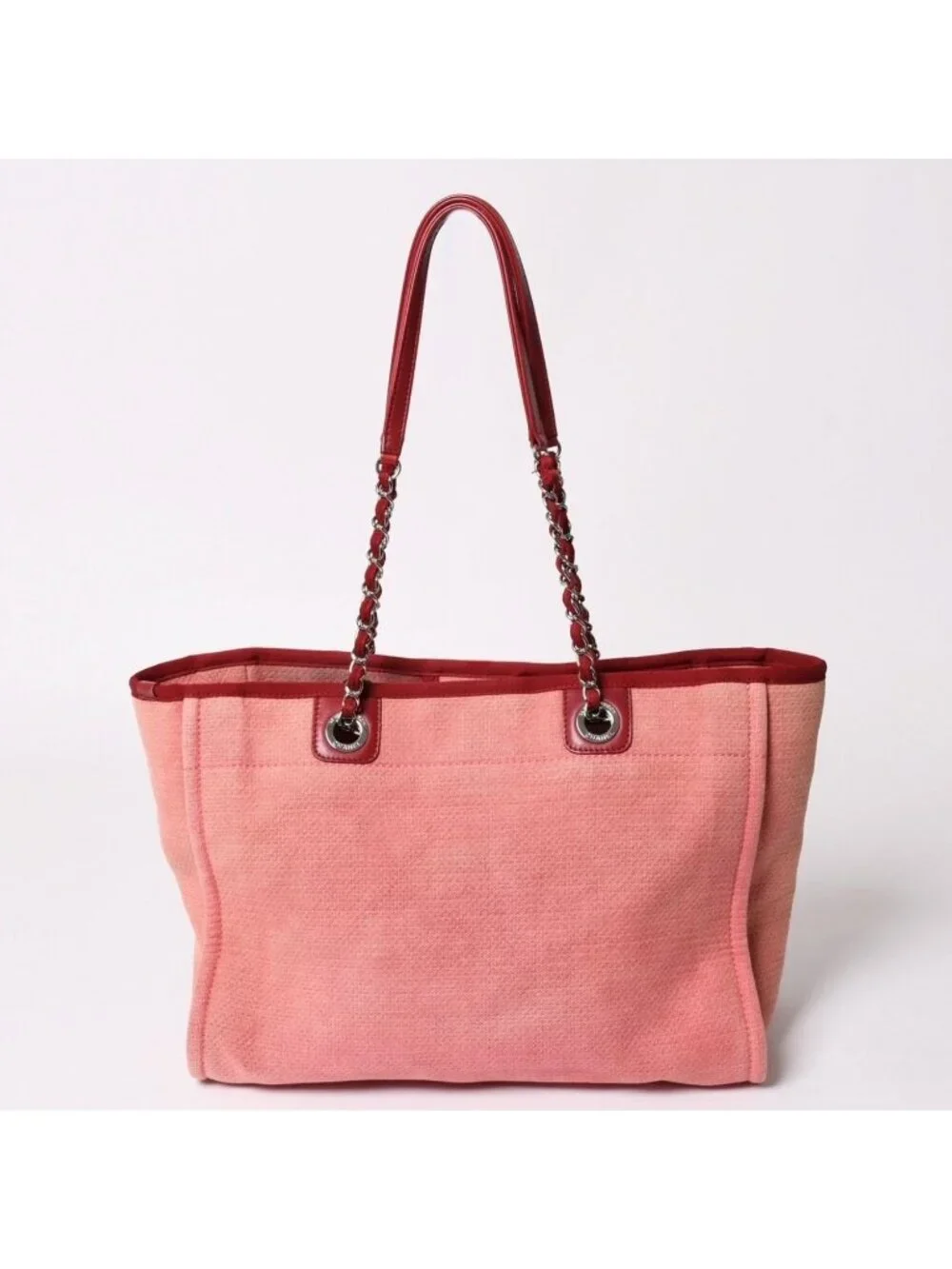 Chanel Deauville MM Chain Tote Bag CC Logo Pink Canvas Leather Silver